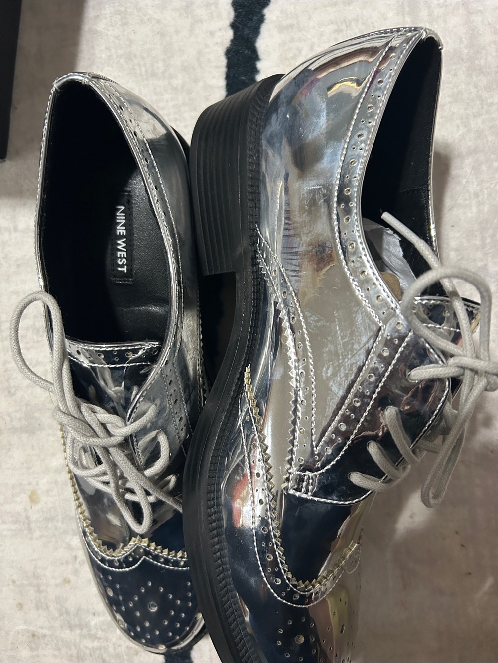 Nine West Metallic Silver Lace-Up Wingtip Boots